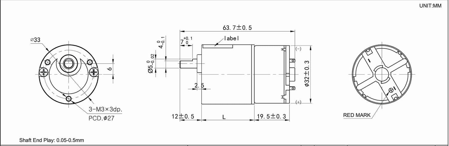 Dimension Drawing for HT-SOG33 DC gear motor