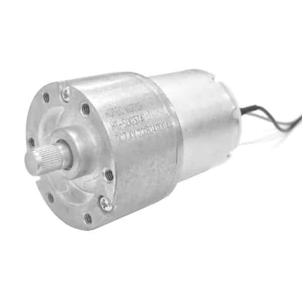 37mm diameter spur geared DC motor with lead wires.