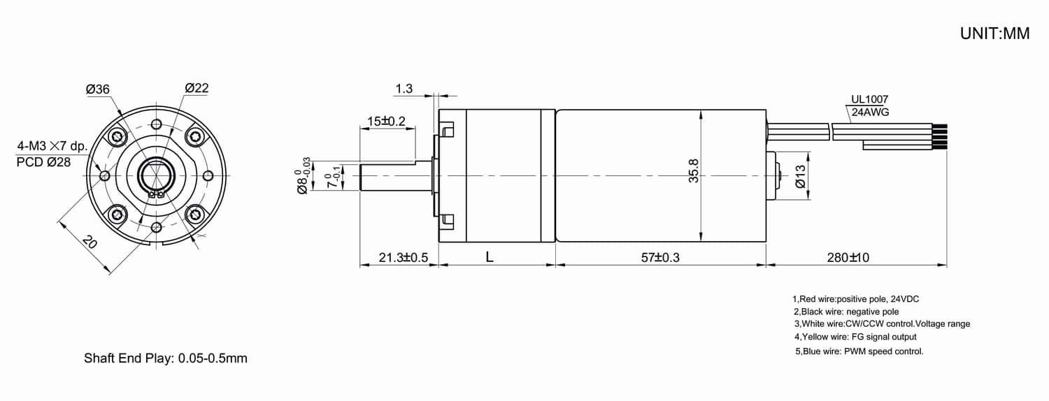 Dimension drawing for 36mm brushless planetary gear motor