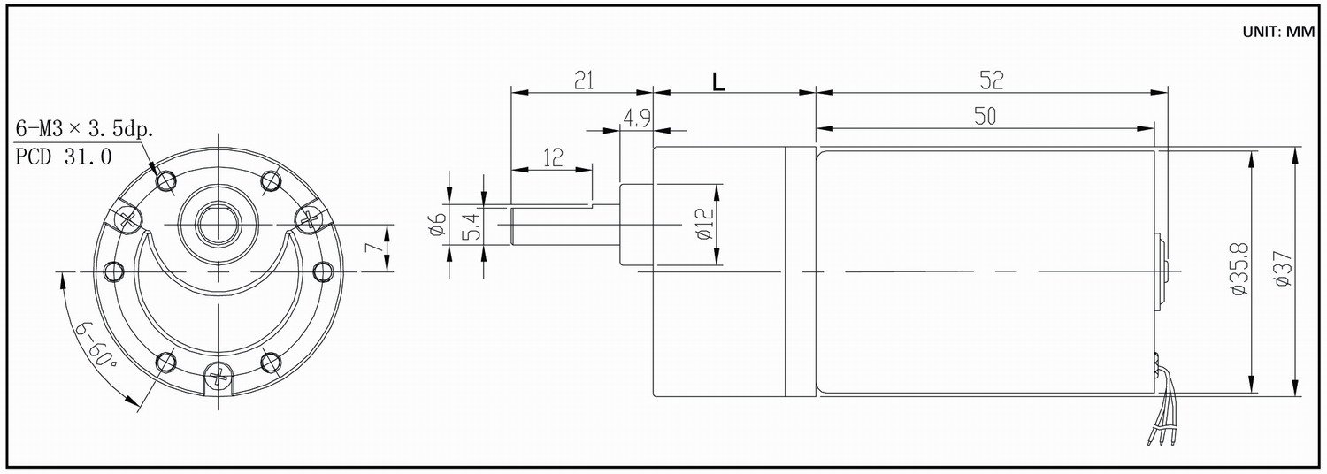 Dimension drawing for HT-BL-SOG37A brushless gear motor