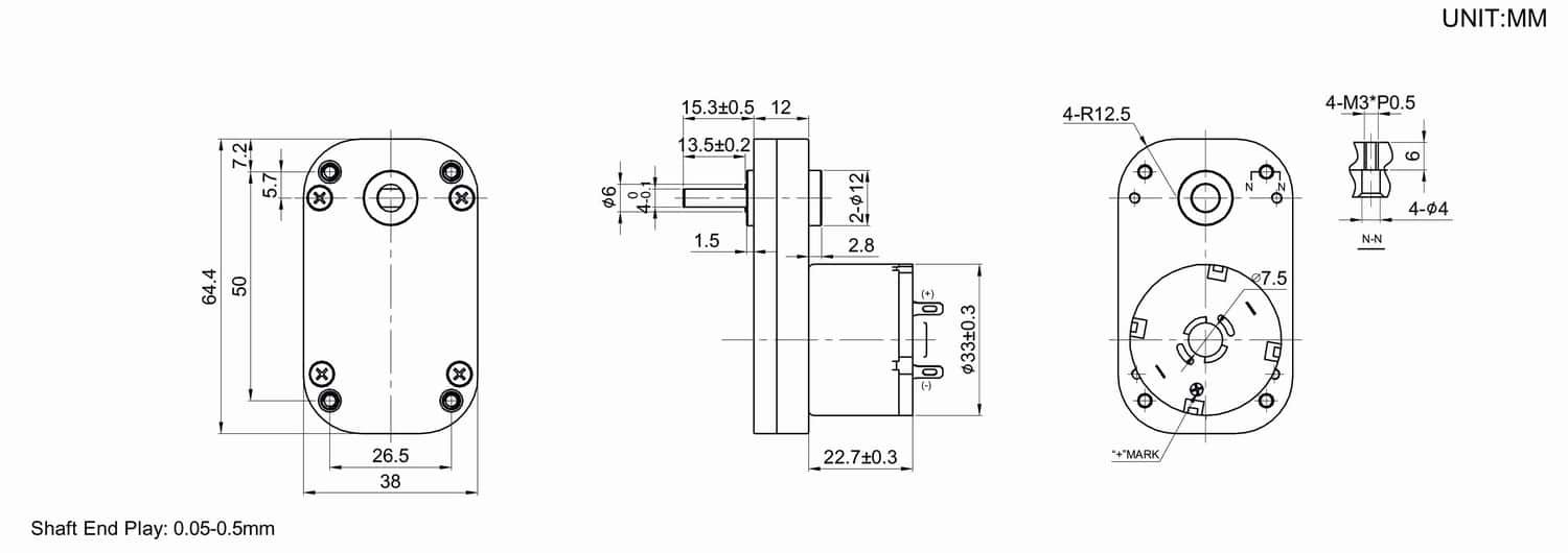 Dimension drawing for HT-COG64 Flat gearbox motors