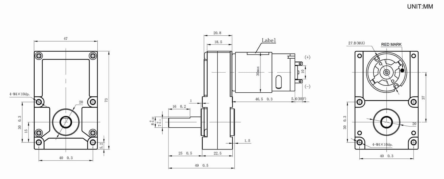 Dimension drawing for HT-COG73 flat gear motors