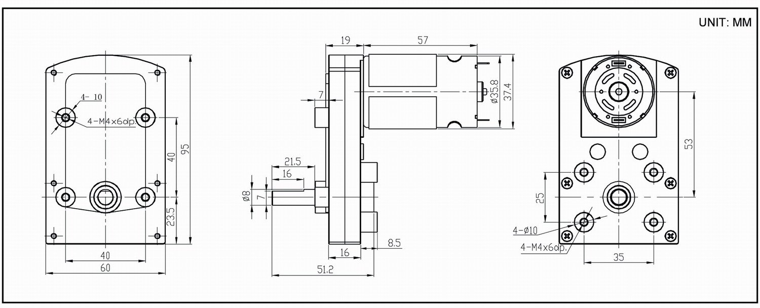 Dimension drawing for HT-COG95B flat gearbox DC motors