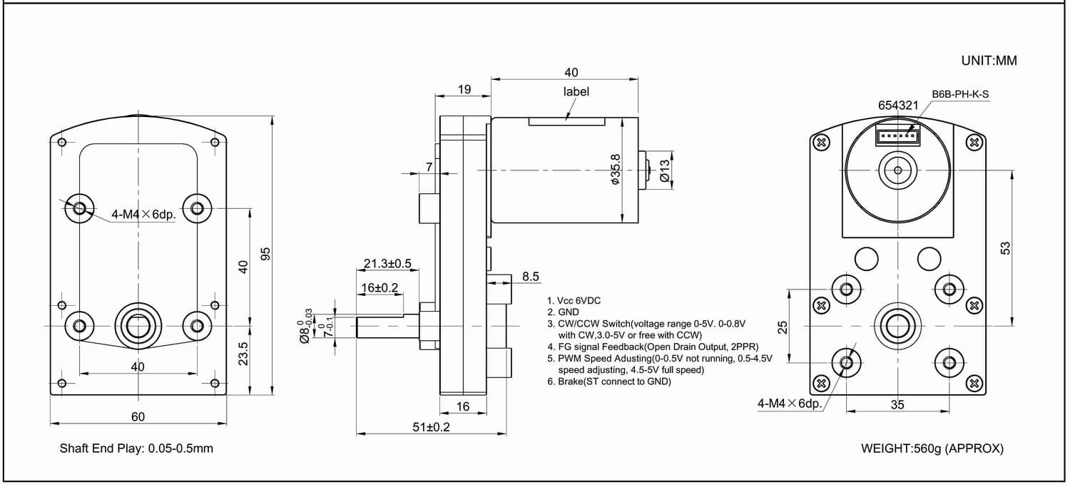 Dimension drawing for brushless flat gearbox DC motors.