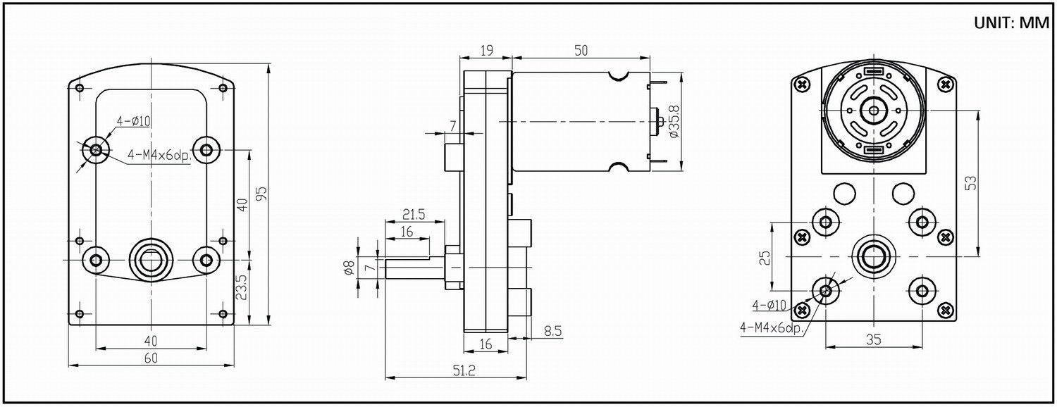 Dimension drawing for HT-COG95C flat gearbox DC motors.