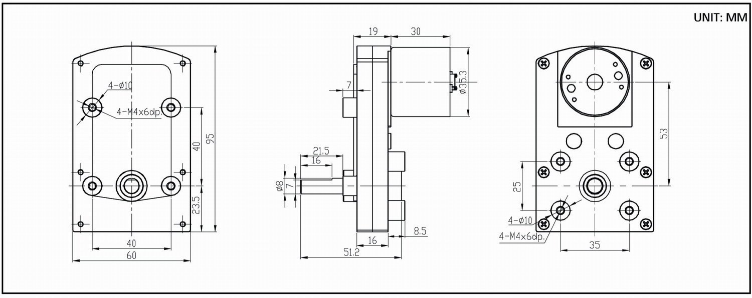 Dimension drawing for HT-COG95F flat gearbox motors