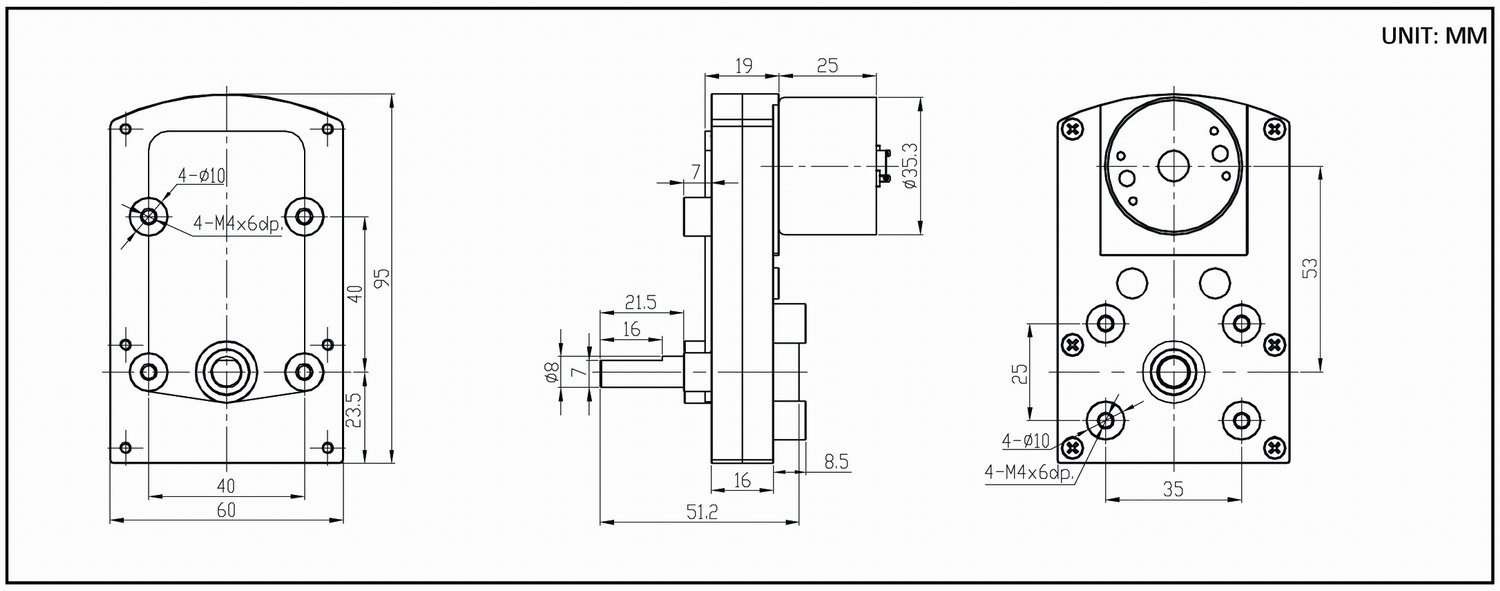 Dimension drawing for HT-COG95G flat gearbox motors