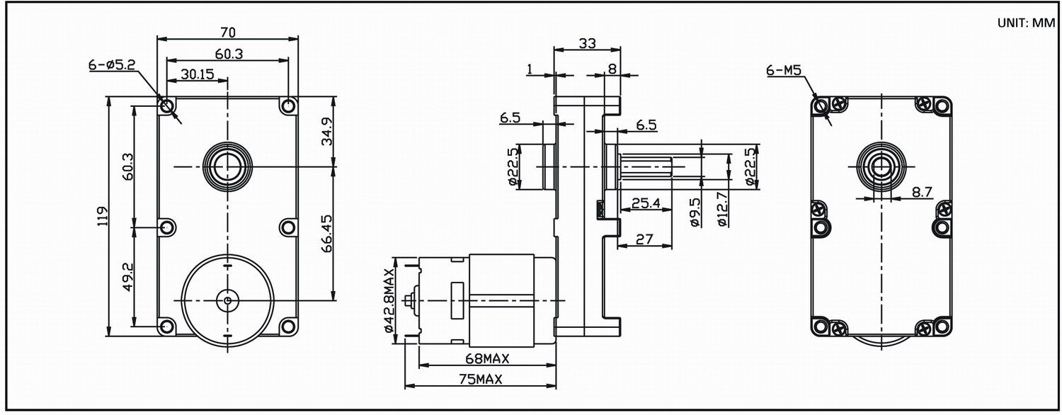 Dimension drawing for HT-FOG119A flat gearbox motors