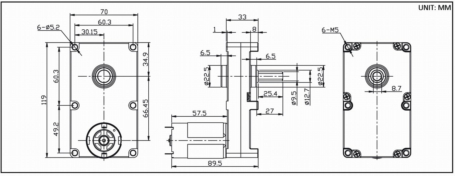 Dimension drawing for HT-FOG119B flat gearbox motors