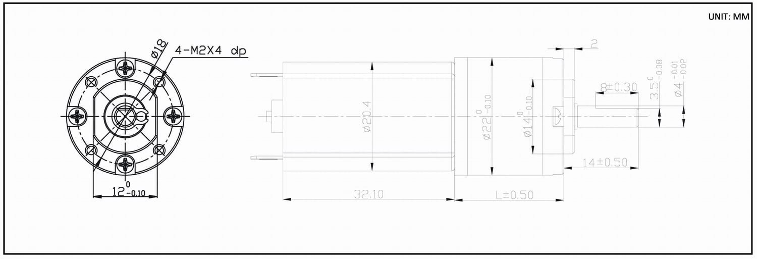 Dimension drawing for 22mm planetary gear motors