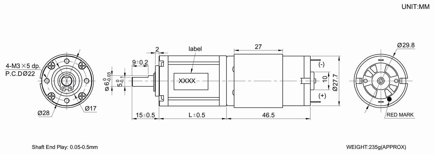 Dimension drawing for HT-POG28A planetary gear motor