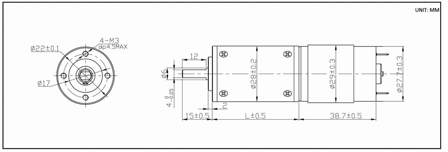 Dimension drawing for 28mm planetary gear motor