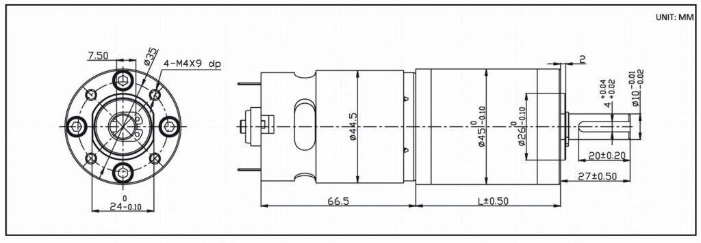 Dimension drawing for 45mm Planetary gear motors