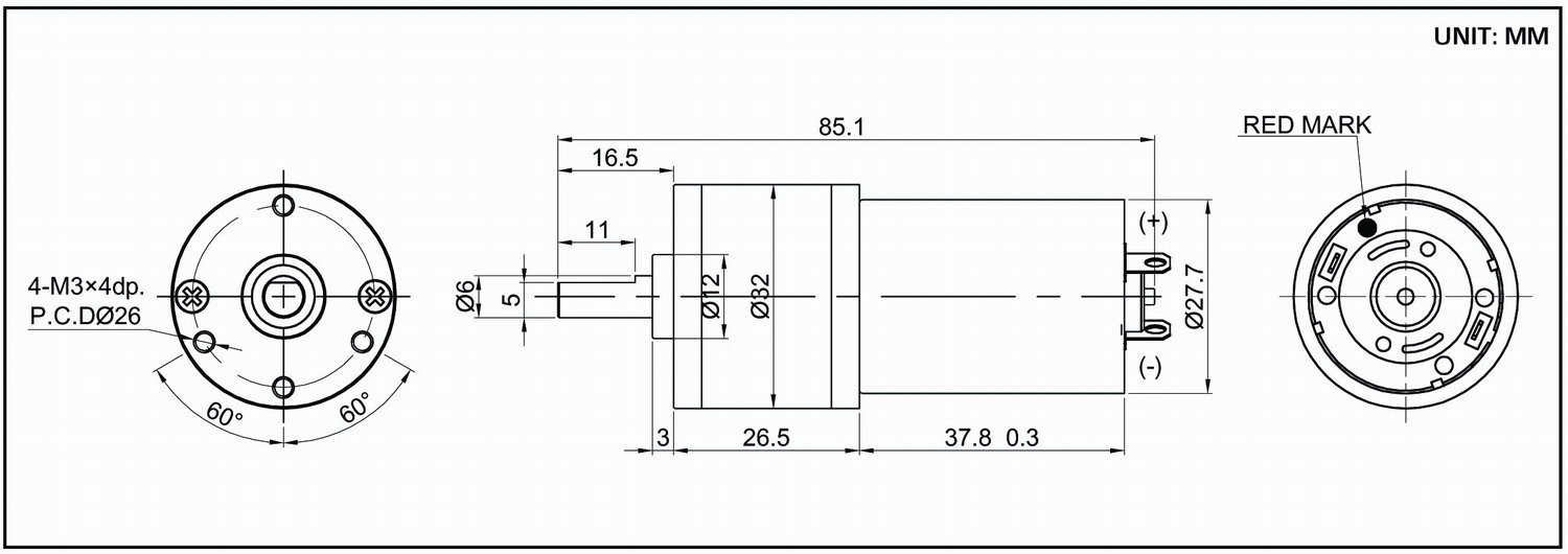 Dimension drawing for HT-SOG33 DC gear motor