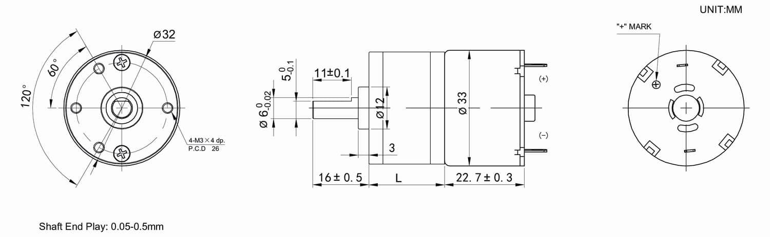 Dimension drawing for 32mm brushed DC gear motor