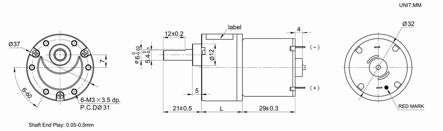 Dimension drawing for 37mm brushed DC gear motor