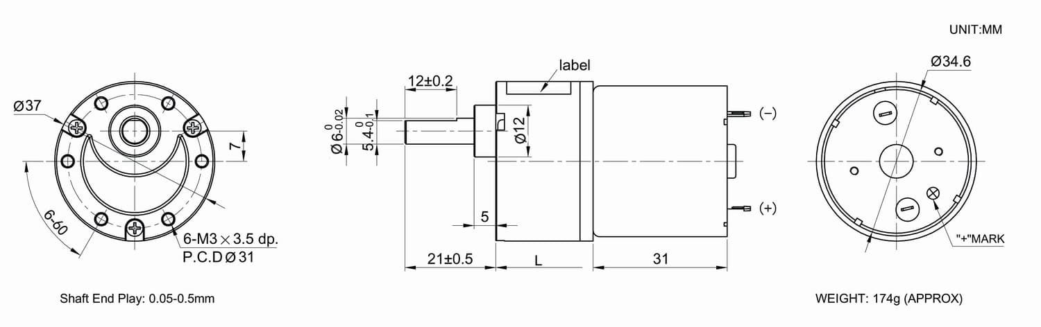 Dimension drawing for HT-SOG37B DC gear motor