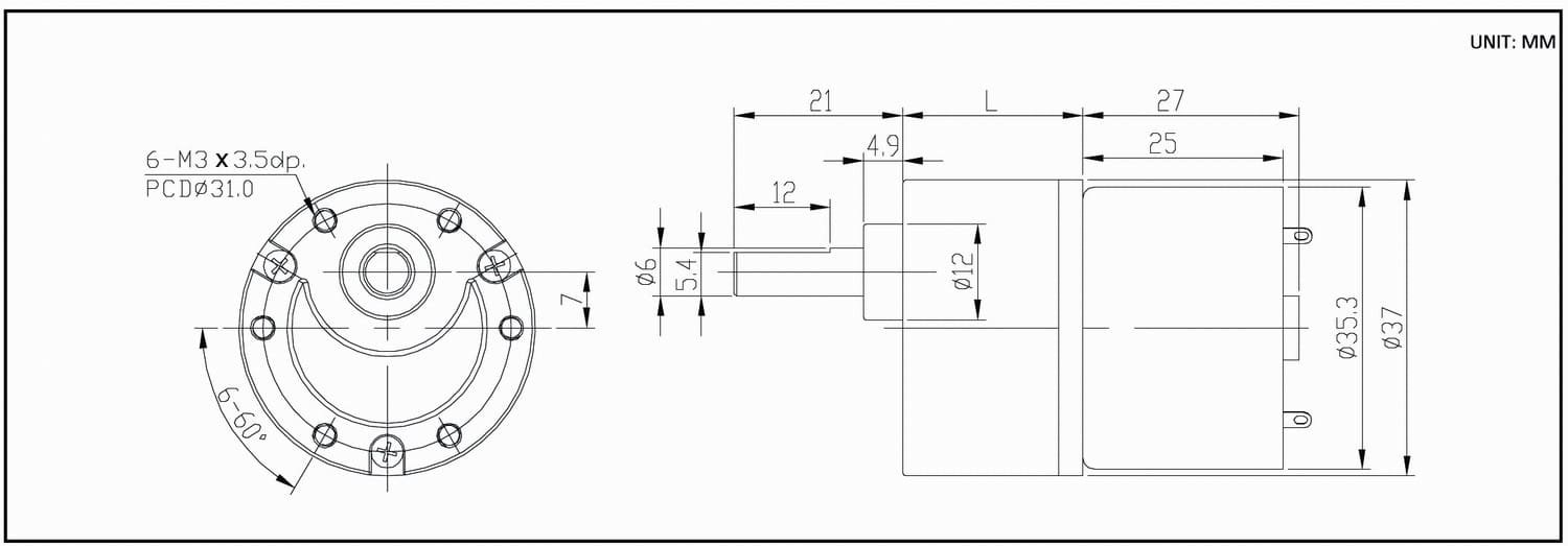 Dimension drawing for HT-SOG37C DC gear motor