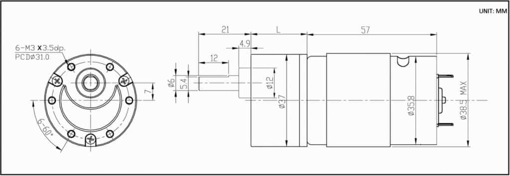 Dimension drawing for HT-SOG37D DC gearbox motor