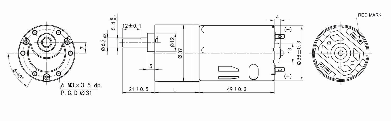 Dimension Drawing for HT-SOG37D2 DC gearbox motor