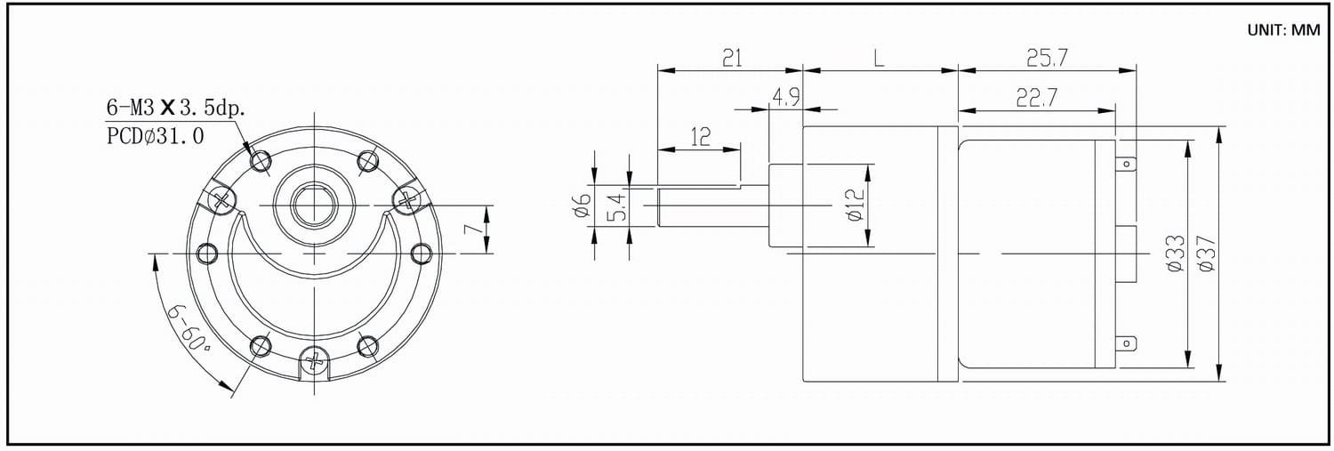 Dimension drawing for HT-SOG37E DC gear motor