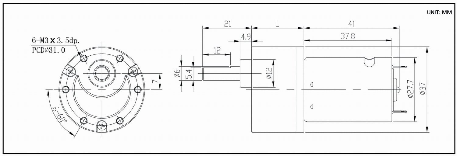 Dimension drawing for HT-SOG37F DC gear motors