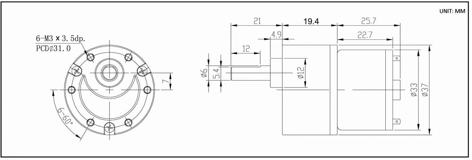 Dimension drawing for HT-SOG37G spur geared DC motor