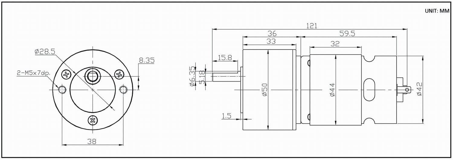 Dimension drawing for 50mm DC gearbox motor