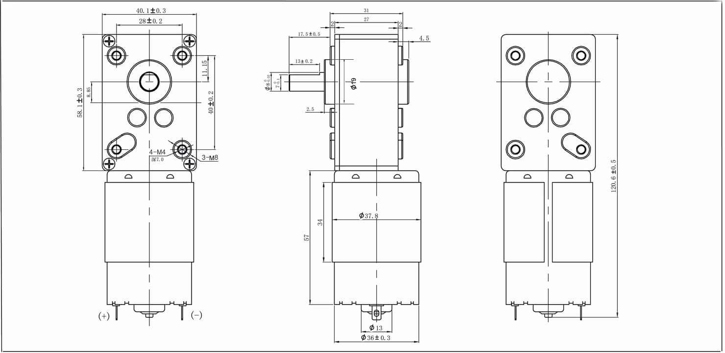 Dimension drawing for HT-WOG58A worm geared DC motors